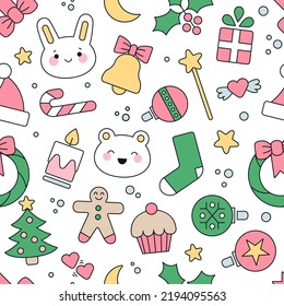 Seamless pattern with Christmas symbols. Cute Kawaii style, pastel colors. New Year and Christmas concept. Ideal for packaging. Hand drawn vector illustration. Print, fabric, wrapping paper etc.