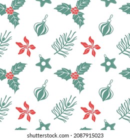 Seamless pattern with Christmas symbols isolated on white background. Christmas design elements. Doodle hand drawn vector illustration.