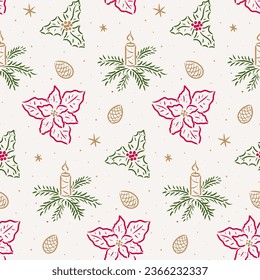Seamless pattern with Christmas symbols, line art.