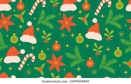 Seamless pattern with Christmas symbols. New year design. Winter background with Santa hat, sweets, flower, decoration