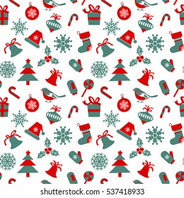 Seamless pattern with  Christmas symbols on white background