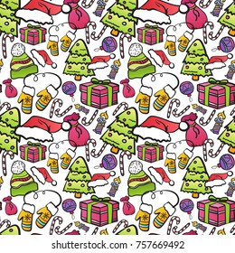 Seamless Pattern With Christmas Symbols On White Background Winter Holiday Ornament Vector Illustration