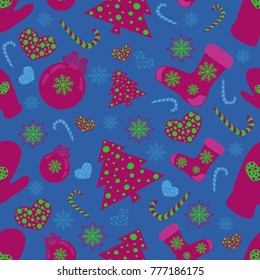 Seamless pattern from Christmas symbols on a blue background