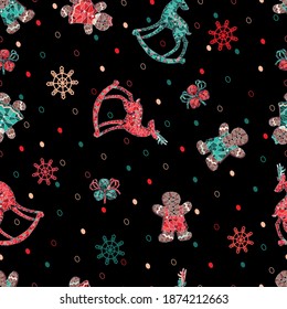 A seamless pattern with Christmas symbols such as  deers, gingerbread men, jingle bells on the black background with falling confetti dots in red and emerald green colors suitable for textile or paper