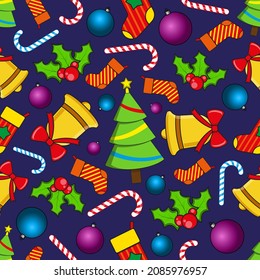 Seamless pattern with Christmas symbols, vector wallpaper or illustration for New Year, wrap