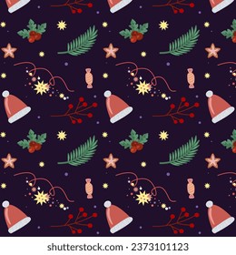 Seamless pattern with christmas symbols. Vector illustration in flat style.