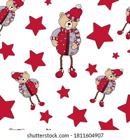 Seamless pattern with Christmas Tedy bear and red stars on a white background. Perfect background for Christmas packaging and baby fabrics