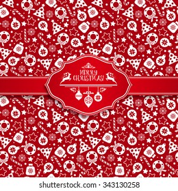 Seamless Pattern Of Christmas Texture Icons On Red Background.