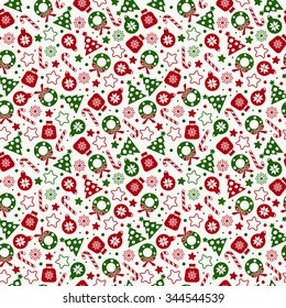 Seamless Pattern Of Christmas Texture Icons On White Background.