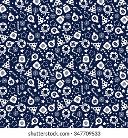 Seamless pattern of christmas texture icons on blue background.