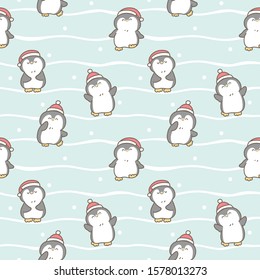 Seamless Pattern of Christmas Theme with Cartoon Penguin Design on Pastel Green Background and Wavy Lines