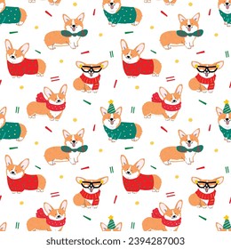 Seamless Pattern of Christmas Theme with Cartoon Corgi Dog Character Design on White Background