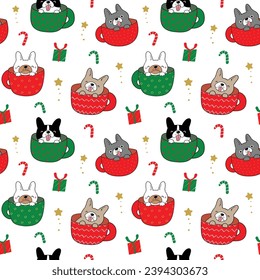 Seamless Pattern of Christmas Theme with Cartoon French Bulldog in Coffee Cup Design on White Background