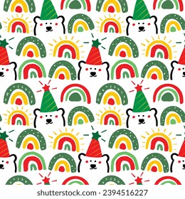 Seamless Pattern of Christmas Theme with Cartoon Bear Face and Rainbow Design on White Background
