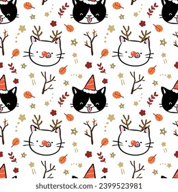 Seamless Pattern of Christmas Theme with Cartoon Cat Face Design on White Background