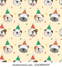 Seamless Pattern of Christmas Theme with Cartoon Bulldog Dog Face Design on Yellow Background