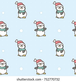 Seamless Pattern of Christmas Theme with Cartoon Penguin Design on Pastel Blue Background