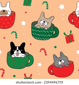 Seamless Pattern with of Christmas Theme with Cute Cartoon French Bulldog in Coffee Cup Design on Orange Color Background