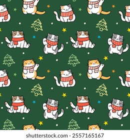 Seamless Pattern with Christmas Theme of Cute Cartoon Cat Design on Dark Green Background. Hand Drawn Vector Illustration. Not AI Generated.