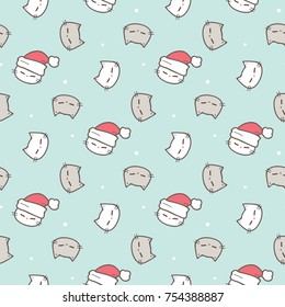 Seamless Pattern of Christmas Theme with Cute Cartoon Cat Face on Pastel Green Background