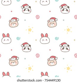 Seamless Pattern of Christmas Theme with Cute Cartoon Animal Face Design on White Background