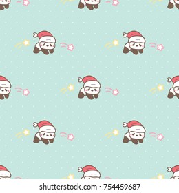 Seamless Pattern of Christmas Theme with Cute Cartoon Panda and Shooting Stars on Pastel Green Background with Dots