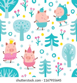 Seamless pattern with Christmas theme: funny pigs skiing and skating, trees in snow, winter forest, snow.
