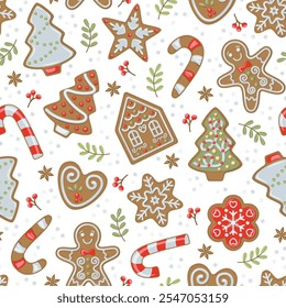 Seamless pattern Christmas theme with ginger breads, candies, Christmas tree, stars. Vector illustration.