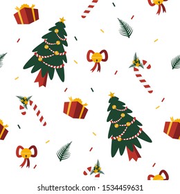 Seamless pattern with Christmas theme. Include Christmas tree, gift, candy, bell for wraping present. Cartoon drawing vector illustration on white background.