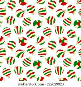 Seamless Pattern - Christmas theme seamless pattern on white background with red, green and yellow striped christmas ornaments.