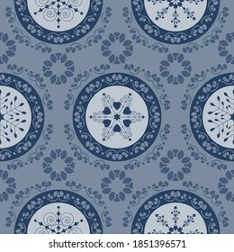 Seamless pattern christmas theme. Pretty mandalas and Frieze around with angels. Snowflakes, hearts and spirals. Color blue.