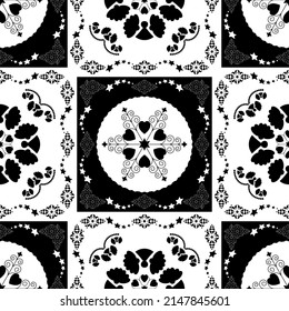 Seamless pattern. Christmas theme. Pretty mandalas with angels and hearts. Black and white. Vector illustration.