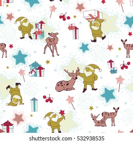 Seamless pattern Christmas theme. Santas helpers, gifts deer on a white background.