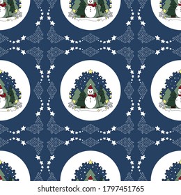 Seamless pattern christmas theme. Snowman and fir forest, falling snow. Vector illustration.