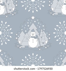 Seamless pattern christmas theme. Snowman, fir forest, falling snow, star and flake. Vector illustration.