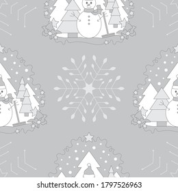Seamless pattern christmas theme. Snowman, fir forest, falling snow, star and flake. Vector illustration.