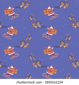  Seamless pattern with a Christmas theme that shows Santa and reindeer taking to the sky