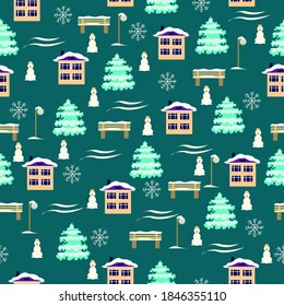 Seamless pattern with Christmas themed houses fir trees and snowmen