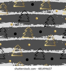 Seamless pattern with christmas three and dot on splashes. Vector illustration.