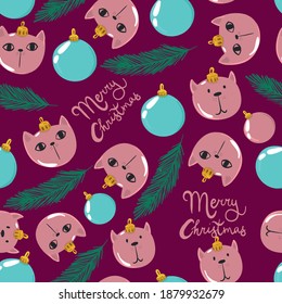Seamless pattern with christmas toy cat. Pattern for textile, fabric, wrapping paper, and other design.