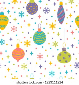 Seamless pattern with Christmas toys, balls and bubbles. Cute background with colorful design elements. Winter holidays. Happy New Year. Vector illustration