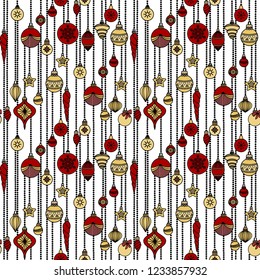Seamless pattern with Christmas toys, balls and stars. Hand drawn doodle style. Vector illustration. Isolated on white background. Perfect for wrapping paper and coloring pages