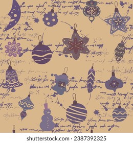 Seamless pattern Christmas toys, balls retro doodle decoration. Illegible text