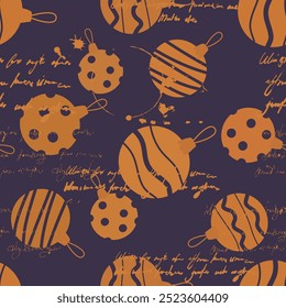 Sem emenda padrão brinquedos de Natal, bolas retro doodle decoração. Texto ilegível