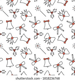 Seamless pattern with Christmas toys - bows; bells; sparkler; mistletoe.  Red and white silhouette with black line.