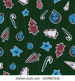 Seamless pattern of Christmas toys, candy canes, stars, Christmas trees for the new year.