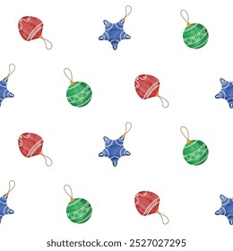 Seamless pattern with christmas toys. Colorful cute New Year's toys with ornament for the Christmas tree. Hand-drawn vector illustration for packaging paper or wallpaper. Watercolor texture. (smaller)