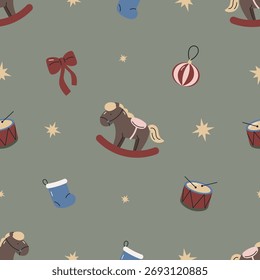 Padrão perfeito com brinquedos de Natal. Plano de fundo vetorial. Desenho de Natal. Textura criativa para tecido, envoltório, têxtil, papel de parede, vestuário.	