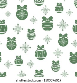 Seamless pattern of Christmas toys and green snowflakes in a flat style
