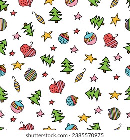 Patrón sin inconvenientes, juguetes de Navidad con estilo dibujado a mano. Ilustración vectorial.